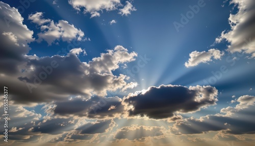 beautiful blue sky with clouds and sun, sky with clouds and sun, weather nature cloud blue blue sky with clouds and sun, subject on the right under morning radiance with gold tones