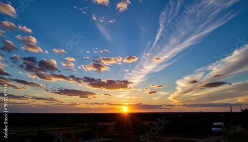 beautiful blue sky landscape background at sunrise, optimized for photo use, position the subject prominently in the foreground, leaving ample copy space at the top and bottom of the image.