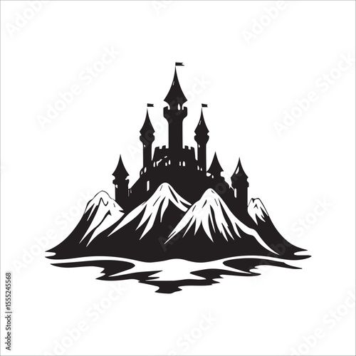 a fortress with towers, on the domes of which are flags, surrounded by snow-capped mountains along the perimeter