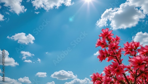 create a panoramic photo featuring a clear blue sky with scattered clouds and bright sunshine in the background, position the vivid coral toned subject on the right side of the image