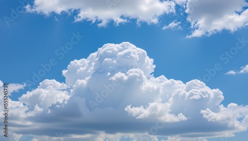 create a digital illustration of a white cloud in a blue sky background, featuring a subject on the left and ample copy space on the right, optimized for photo use.