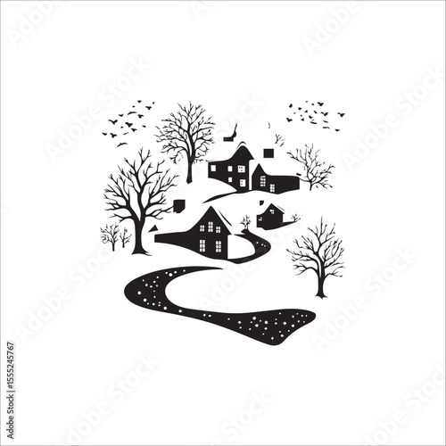winter snowy landscape with birds, trees, river and houses