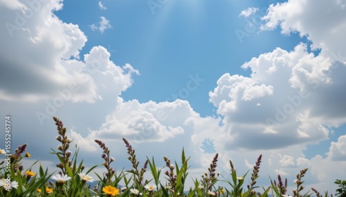 serene summer skya tranquil summer scene featuring a cloudy blue sky at the top of the frame, with the subject clearly positioned and ample copy space at the bottom for text overlays or branding