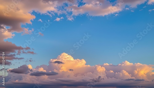 serene clear blue sky with dramatic sunset cloudscape and soft glowing pink and golden cirrus and cumulus clouds   subject on the right with copy space on the left
