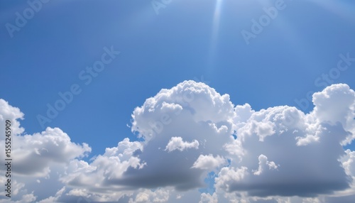 fantastic clouds   a panoramic view of a blue sky with fluffy white clouds as the main focus, the subject should be positioned towards the bottom