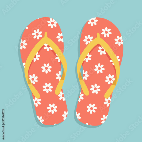 Floral flip flops on a bright blue background with copy space