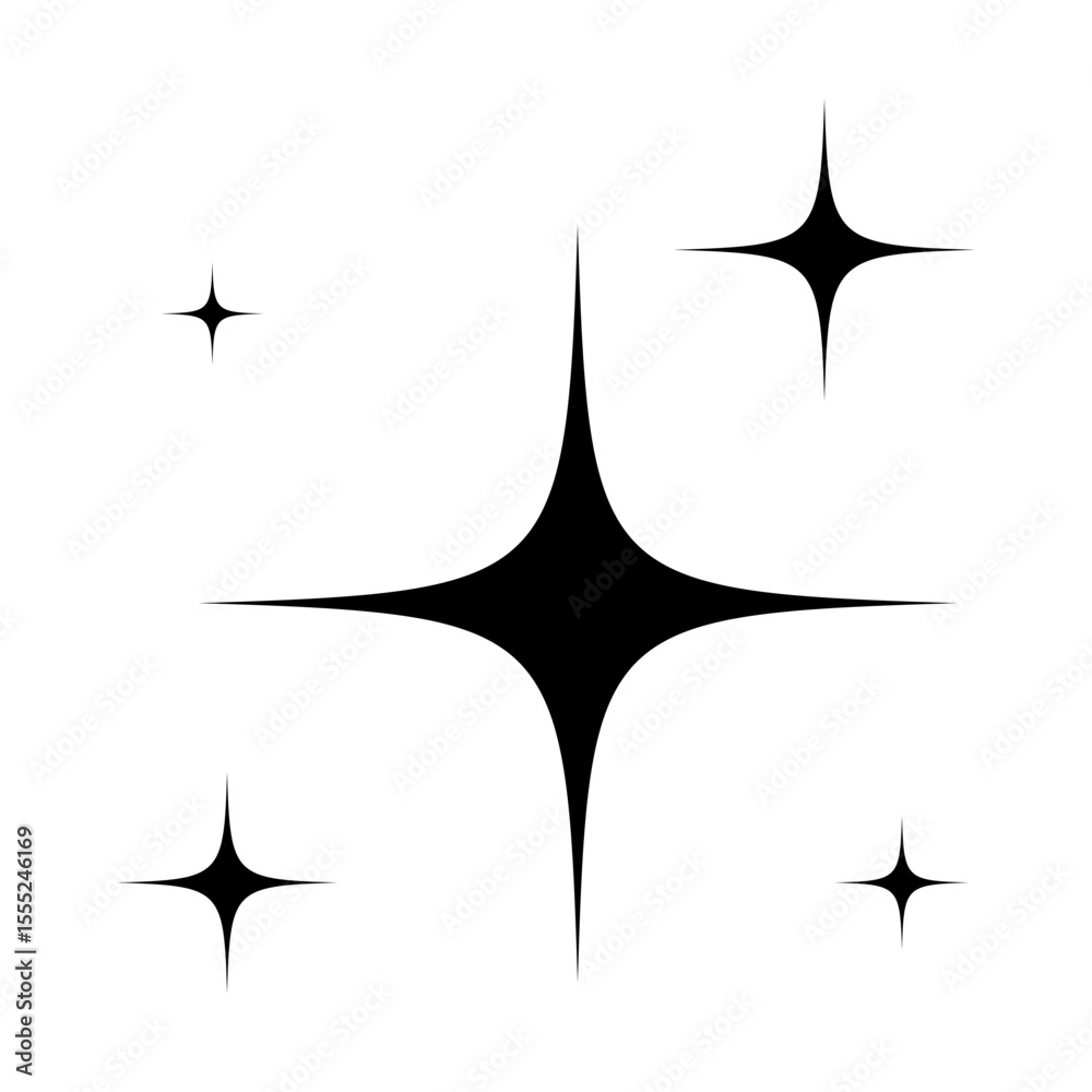 Obraz premium Set of black sparkle star icons with sharp edges and radial symmetry. Minimalist vector illustration of glowing twinkle elements. Decoration and accent graphic concept. Template for design and print