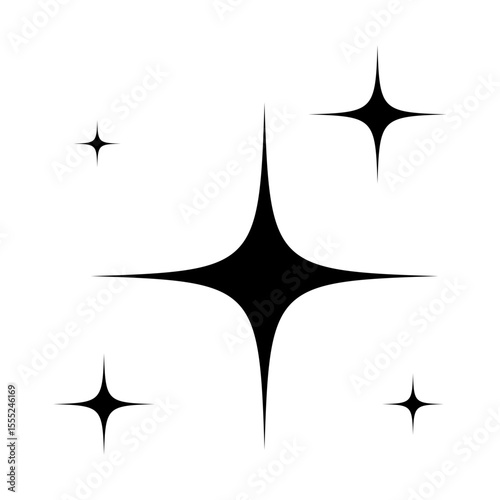 Set of black sparkle star icons with sharp edges and radial symmetry. Minimalist vector illustration of glowing twinkle elements. Decoration and accent graphic concept. Template for design and print