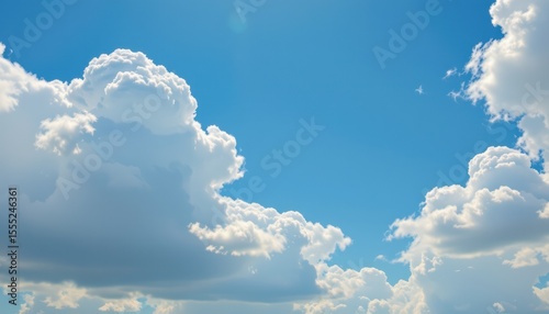 create a luminous style illustration featuring a blue sky background with white clouds, place a subject on the right side of the image, leaving plenty of space on the left for copy text