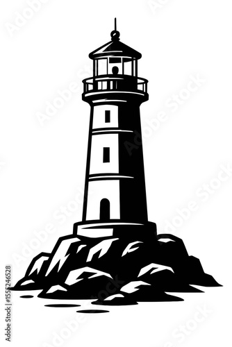 Classic Black and White Lighthouse on Rocks Vector - Guiding Symbol of Safety and Direction