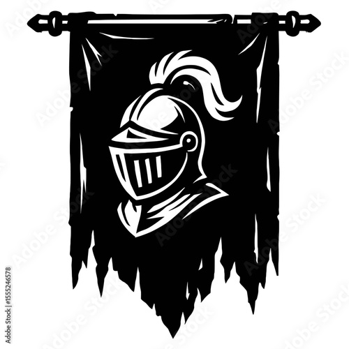 Black and White Knight Helmet on Medieval Banner Vector - Strong Emblem of Chivalry and Valor