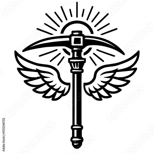 Dynamic Black and White Winged Pickaxe with Sunburst Symbol Vector