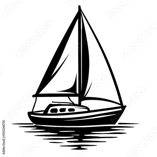 Elegant Black and White Sailboat on Water with Reflection Vector Illustration