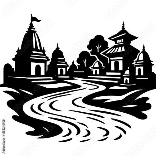 Traditional Black and White Asian Temples by River Landscape Vector Illustration