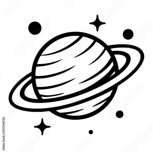 Stylized Black and White Saturn Planet with Rings and Stars Vector Icon