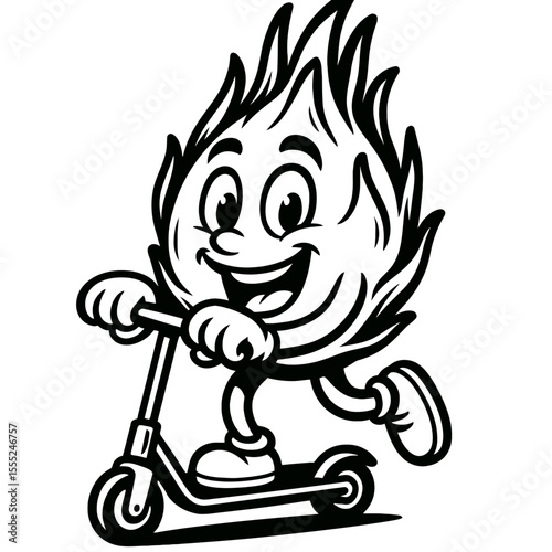 Cheerful Black and White Flame Character Riding Scooter Vector - Fun and Energetic Mascot