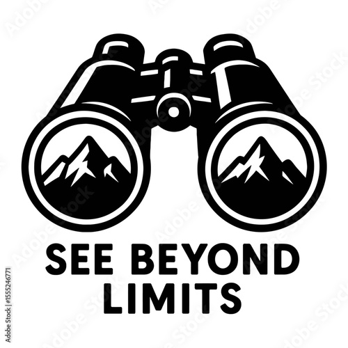 Inspirational Black and White Binoculars with Mountains and "See Beyond Limits" Vector - Vision and Exploration
