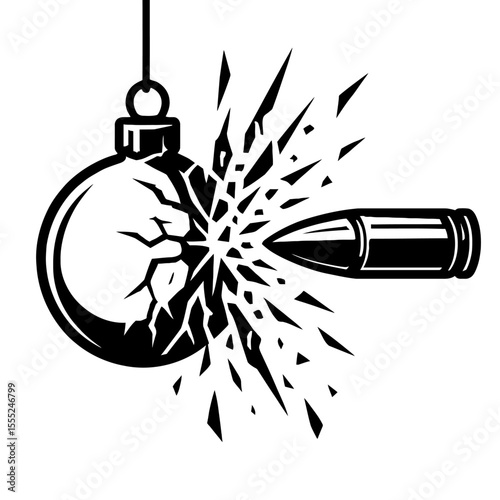 Dramatic Black and White Bullet Shattering Christmas Ornament Vector - Impact and Fragility