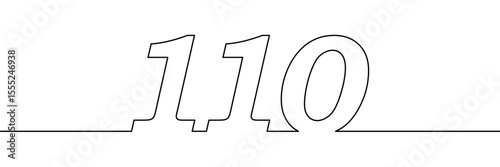 Number 110 drawn in continuous single line style. Minimalist contour numeric illustration. Anniversary, milestone, and birthday concept. Template element for design and print