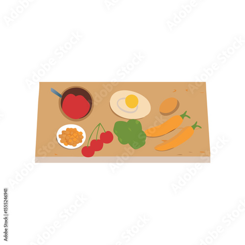 Colorful and fresh healthy food flat lay on wooden tray vector art design 