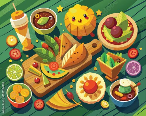 Colorful assortment of global bites and street food style dishes vector art design 