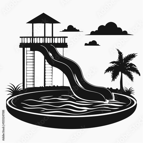 Pool With Water Slide Vector. Black and white Waterslide Vector Images on white background.