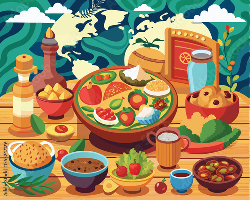 Colorful spread of international cuisine dishes vector art design 