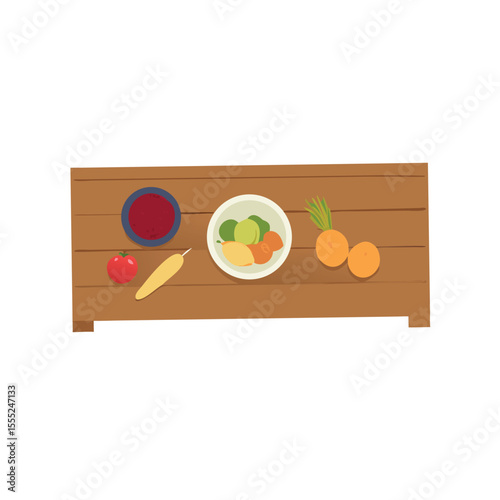 Colorful and fresh healthy food flat lay on wooden tray vector art design 