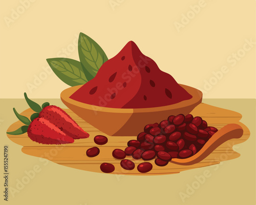 Deep red sumac spice powder and dried berries arranged on wooden background vector art design 