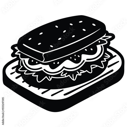 Delicious gourmet sandwich with fresh ingredients silhouette black vector art design 
