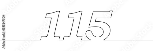 Number 115 drawn in continuous single line style. Minimalist contour numeric illustration. Anniversary, milestone, and birthday concept. Template element for design and print
