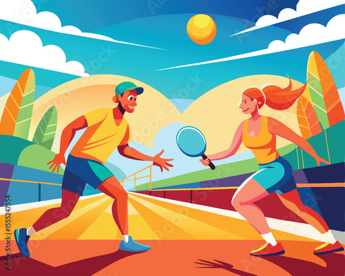 Energetic pickleball players in mid action vector art design 