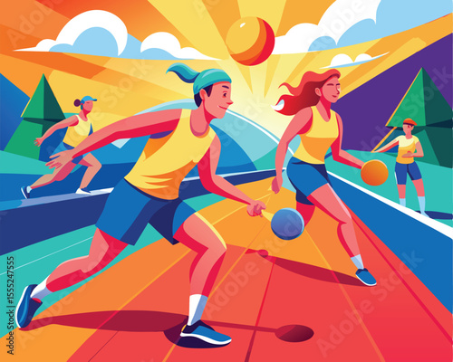 Energetic pickleball players in mid action vector art design 