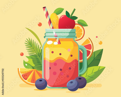 Fresh fruit smoothie in a glass jar with fruits and leaves vector art design 
