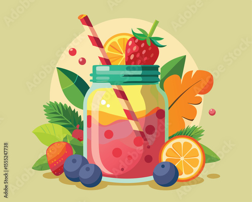 Fresh fruit smoothie in a glass jar with fruits and leaves vector art design 