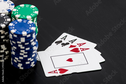 Casino chips and cards on the table. Gambling concept