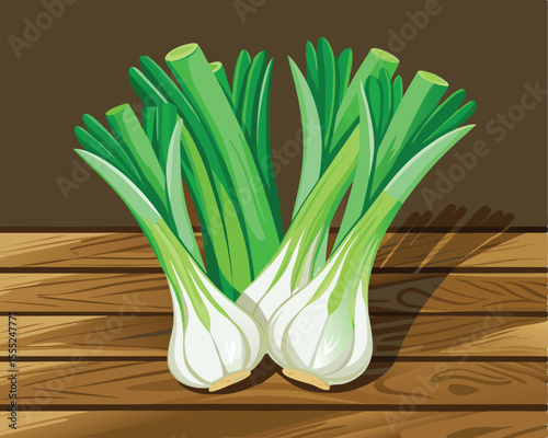 Fresh green leeks with crisp white stalks arranged on wooden surface vector art design 
