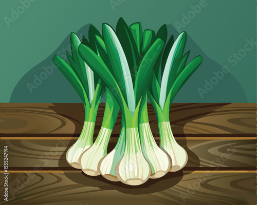 Fresh green leeks with crisp white stalks arranged on wooden surface vector art design 