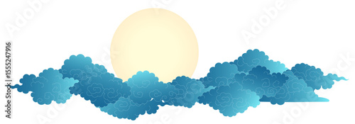 Moon partially covered by clouds isolated on transparent. Hand drawn vector illustration. Qixi, Mid Autumn Festival design elements. Chinese, Japanese, Korean clipart. Traditional Buddhist thangka art