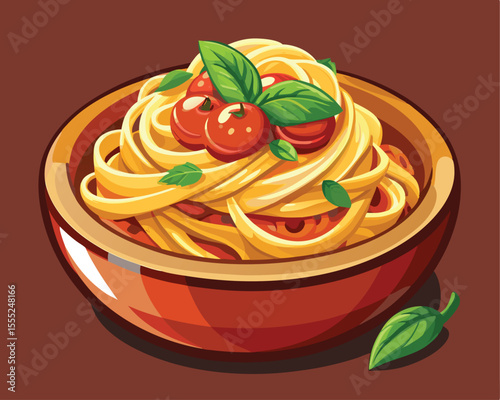 Freshly cooked pasta served in a rustic bowl vector art design 