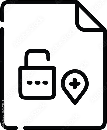 Secure File Access  Icon of Protected Document with Location Pin and Unlocked Padlock