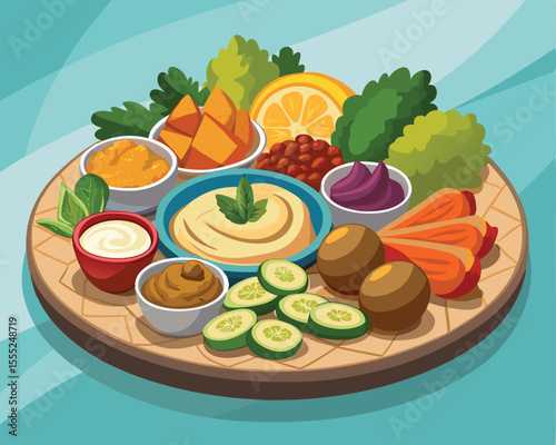Middle eastern mezze platter with hummus and other foods vector art design 