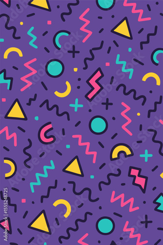 Retro 80s pattern with colorful geometric shapes and squiggles on purple, perfect for trendy designs or backgrounds.