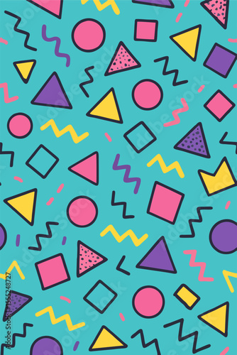 Retro 80s pattern with colorful geometric shapes and squiggles on purple, perfect for trendy designs or backgrounds.
