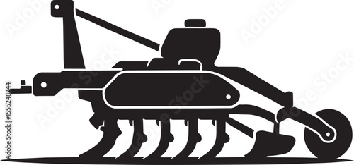 Detailed Rotavator Silhouette – Agricultural Rotary Tiller Equipment Icon, Black and White Rotavator Side View – Soil Preparation Machine Vector