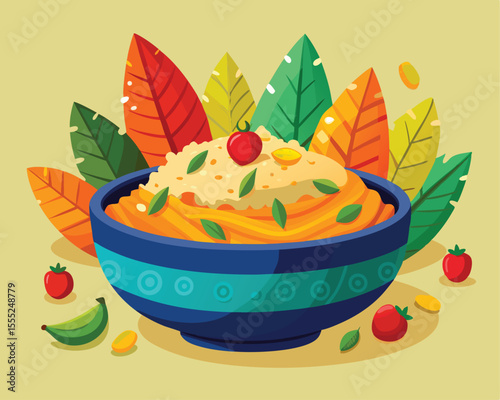 Rice dish with fresh vegetables and herbs vector art design 