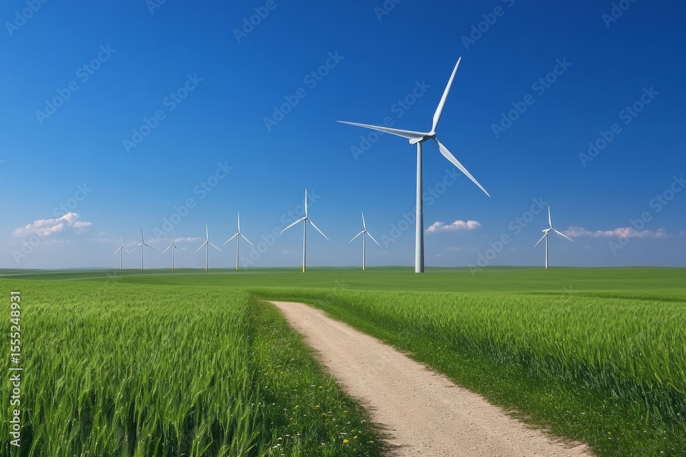 Fototapeta premium A serene field features multiple wind turbines gently rotating in the breeze. A dirt path stretches into the distance, inviting exploration under a clear blue sky scattered with clouds