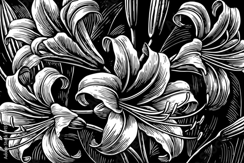 lily flower with curving petals and long stamens, a black and white sketch vector