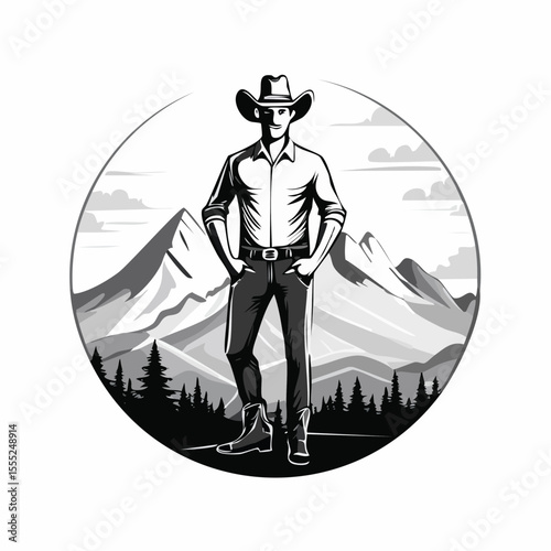 Confident Cowboy Striking a Bold Pose in Front of Majestic Mountain Vector Illustration