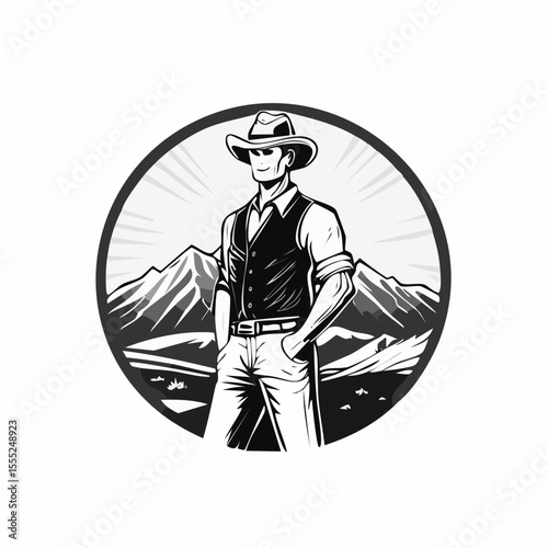 Confident Cowboy Striking a Bold Pose in Front of Majestic Mountain Vector Illustration